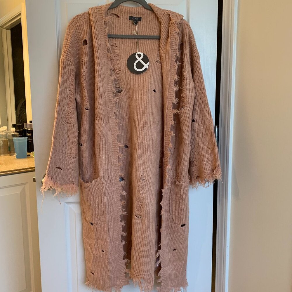And Merci M/L Dusty Rose distressed hooded sweater duster NWT